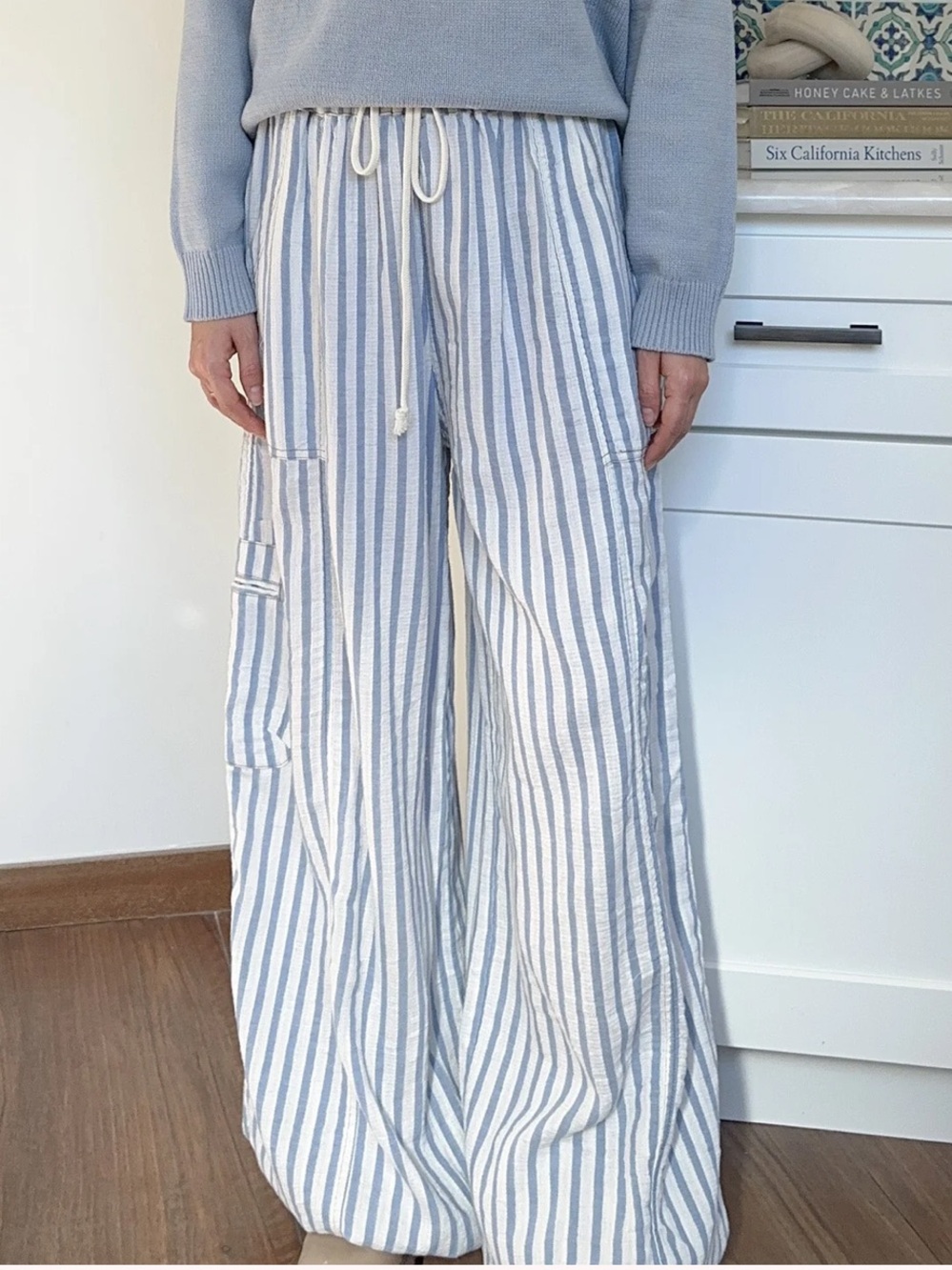 Miss Love Blue and White Stripe Linen 100%Cotton Balloon Joggers